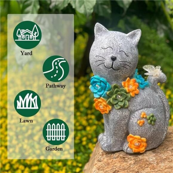 Solar Cat Statue Outdoor Garden Decor, Cat Figurines Garden Outside Decoration - Picture 4 of 7